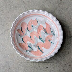 Vintage Handmade Coral Green Gray Painted Terracotta Clay 9" Pie Plate